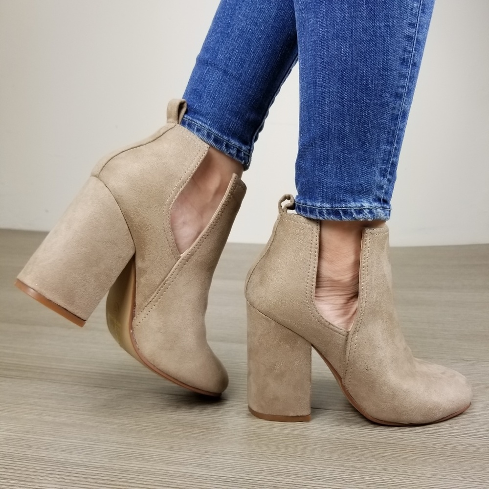 Vegan Suede Tan Cute Ankle Boots W/ Open Sides - Picture 3 of 8